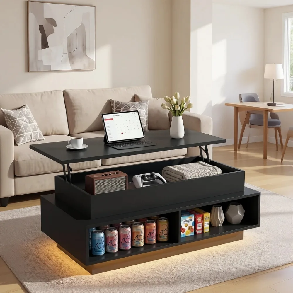 

40 Inch Lift Top Coffee Table with Hidden Storage LED Lights and Open Shelves for Living Room Small Space Black