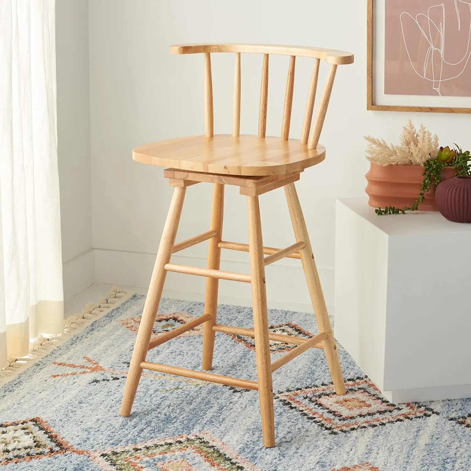 Home Collection Ray Farmhouse Natural Spindle Solid Wood 25-Inch Swivel Counter Stool