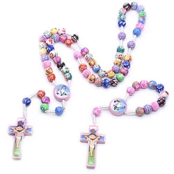 5pcs Colorful Clay Beads Cartoon Children's Cross Rosary Necklace Jewelry Catholic Holy Christ Cross Prayer Beads