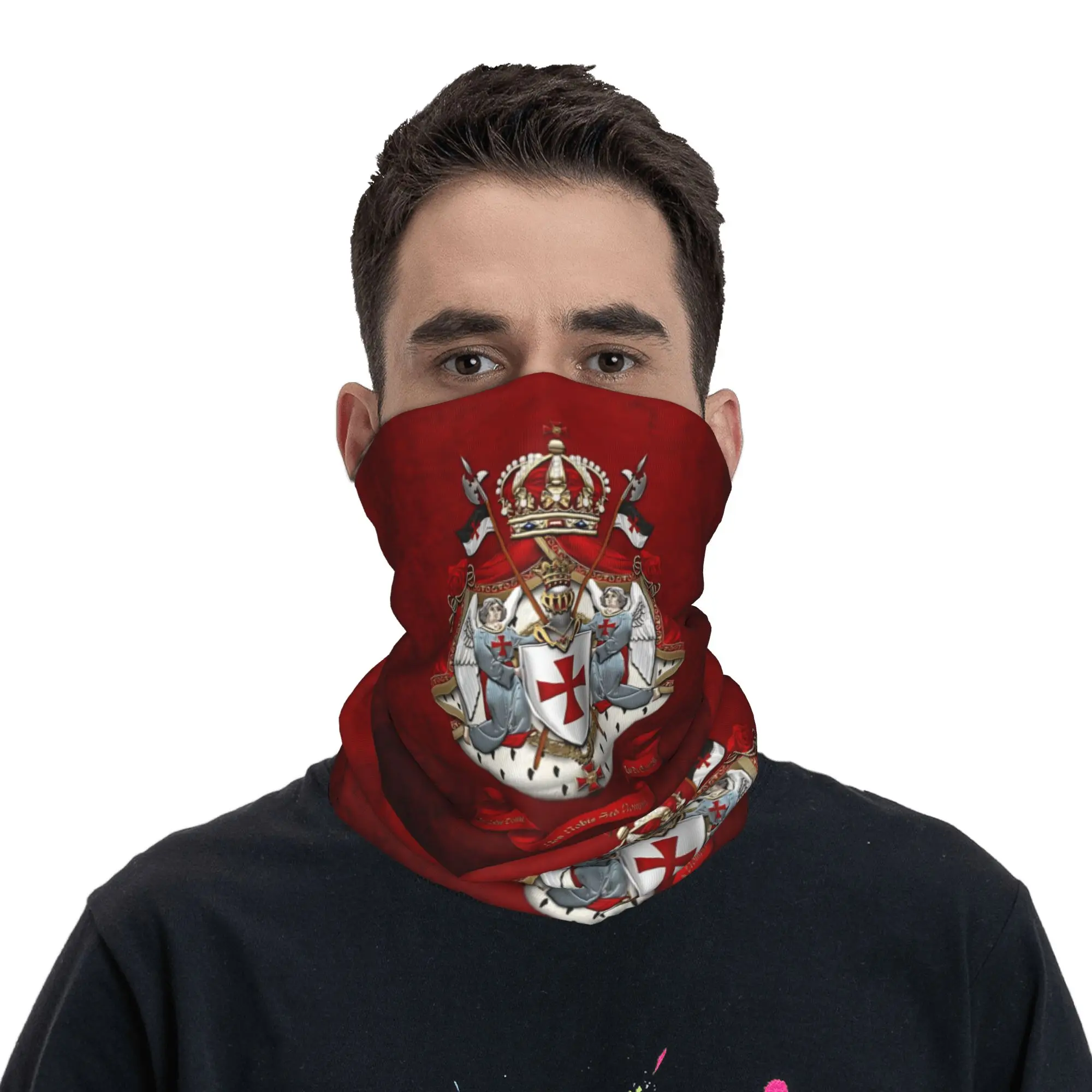 Knights Templar - Coat of Arms over Red Bandana  Fun Cycling Mask Protection Balaclava Custom DIY Seamless Soft Face Cover Mask