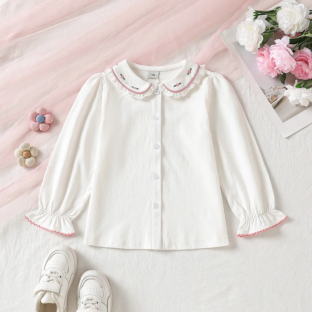 Baby Girls 2-6 Years 100% Cotton White Shirt Lace Trim Doll Collar Ruffle Long Sleeve Casual Tops