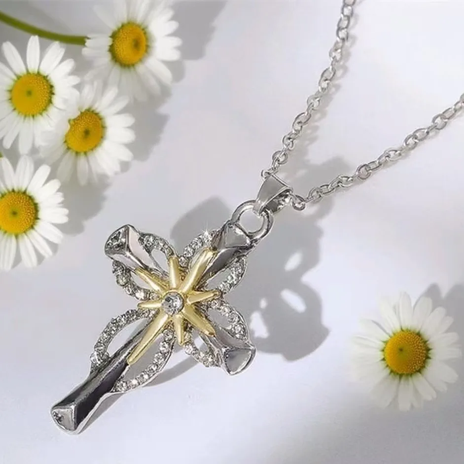 

Two Tone Starburst Cross Pendant Necklace Silver Gold Plated Zircon Crystal Chain Necklace, Religious Jewelry for Women Men Gift