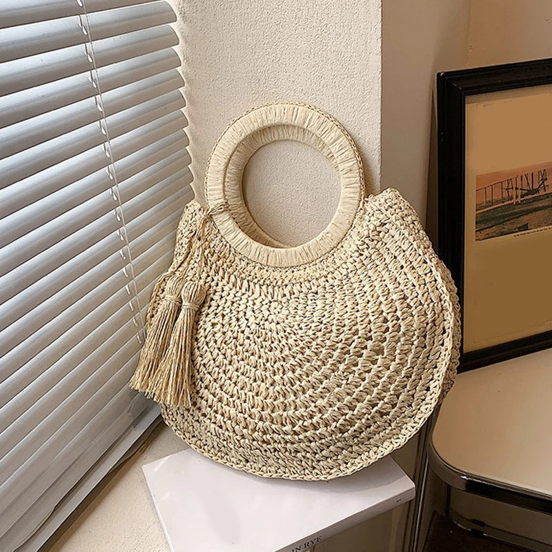 

Handwoven Beach Bag Chic Cotton Rope Top Handle Bag Retro Holiday Travel Handbag Vacation Bag for Women and Girls
