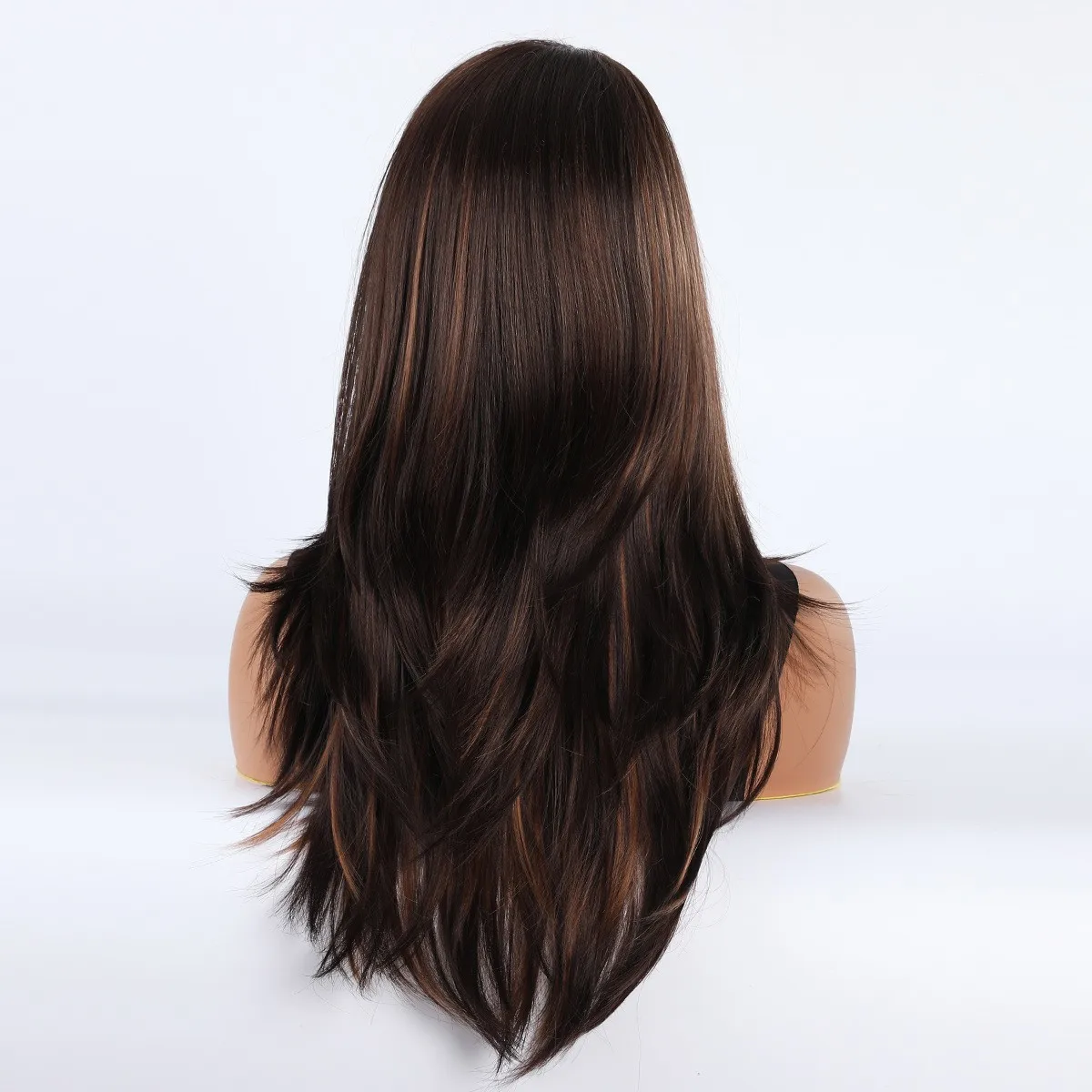 باروكة، غرة طويلة، طول الكتف، شعر متوسط الطول، شعر مستعار من الألياف الاصطناعية باللونين البني والأسود المتدرج