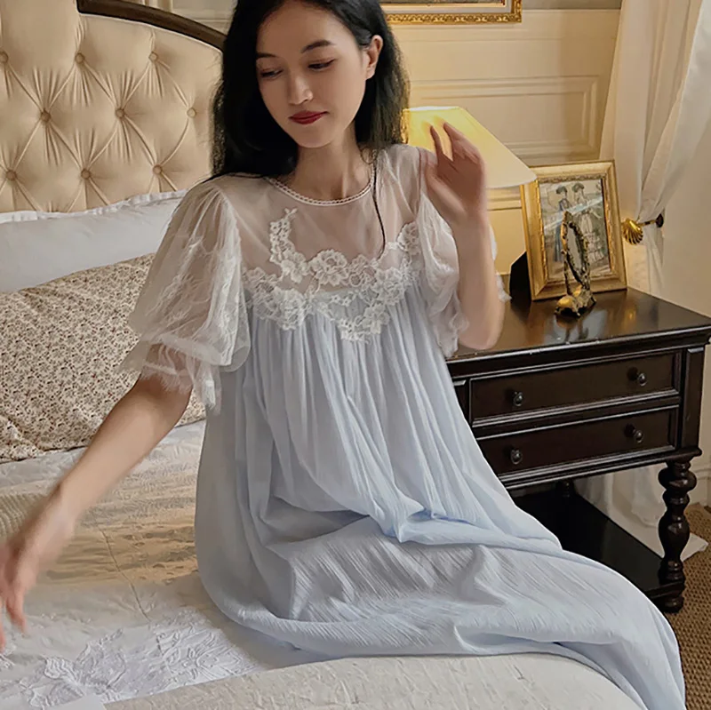 

French Fairy Nightgown Summer Retro and Beautiful Palace Style Lace Princess Mesh Cotton Short Sleeved Loose Nightgowns