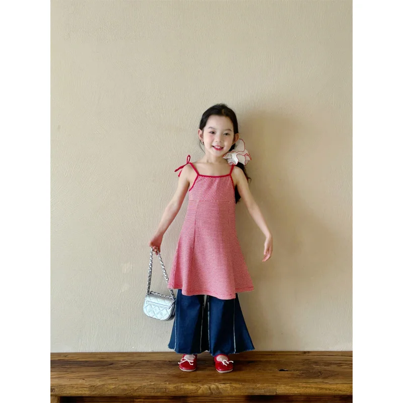 

2025Summer New Girl's Strap Skirt Suit Children's Western Style Suspender Skirt+Denim Bell-Bottom Pants Two-Piece Set