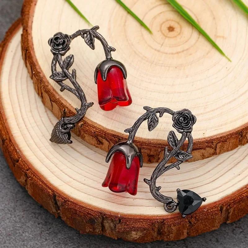 Gothic Dark Thorn Vine Red Rose Blossom Earrings for Women Female New Fashion Punk Jewelry Party Accessories Birthday Gifts