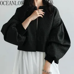 OCEANLOVE Puff Sleeve Jackets for Women Japanese Style Solid Black Vintage Chaquetas Mujer Chic Autumn Winter Loose Outwears