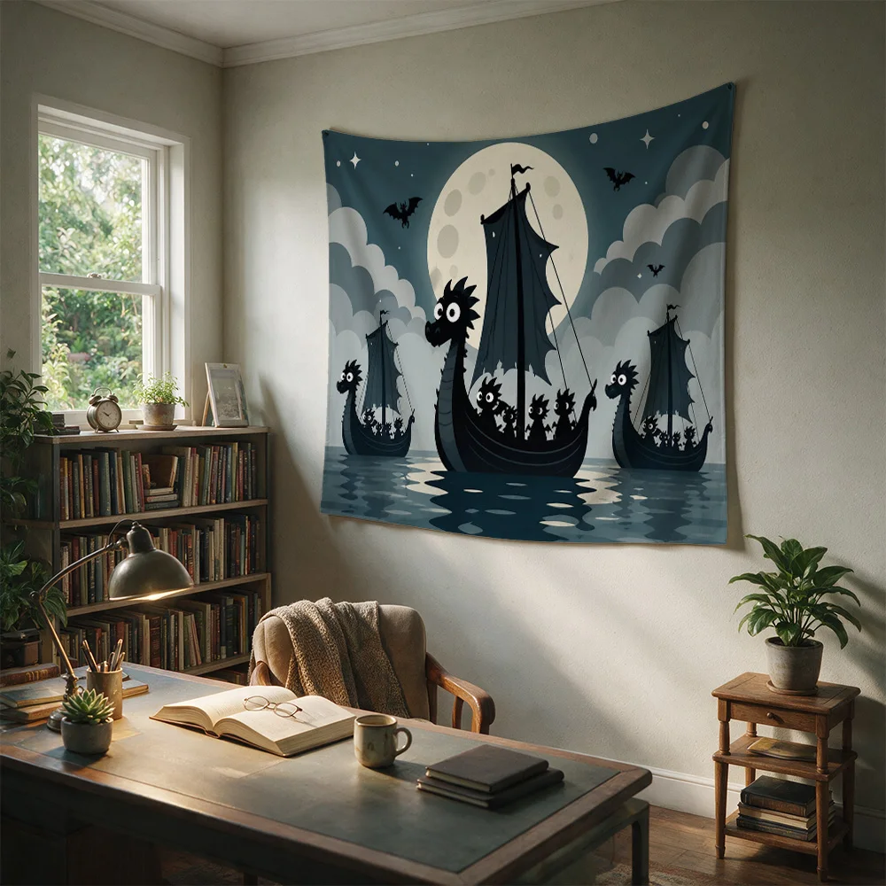 Nautical Pirate Ship Under Full Moon Tapestry Wall Hanging Bohemian Ocean Decor for Living Room Bedroom