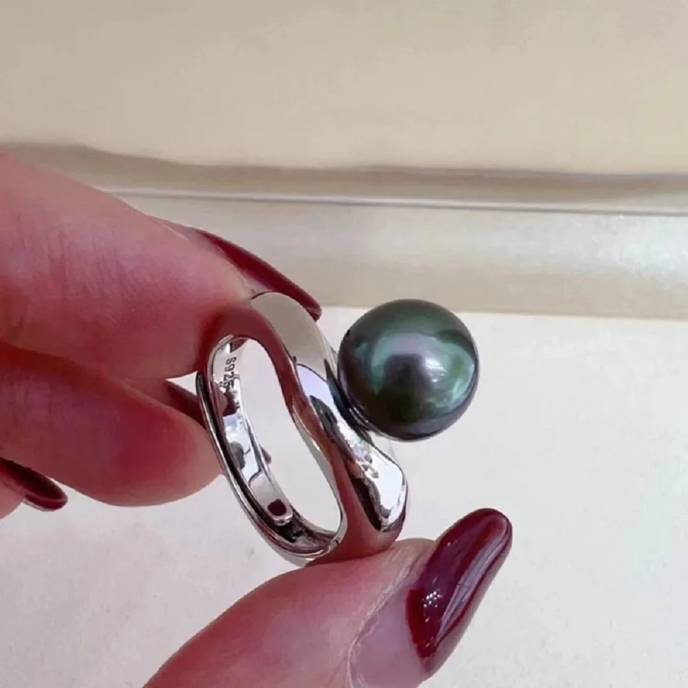 

Fashion ring AAAA 9-10mm natural Tahiti black round bead opening ring 925S