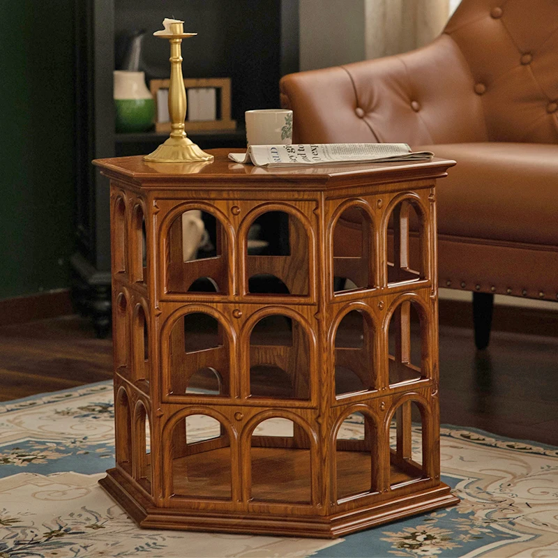 

Solid wood round arched coffee table hollow side table hexagonal retro Flavie corative cabinetfurniture factory