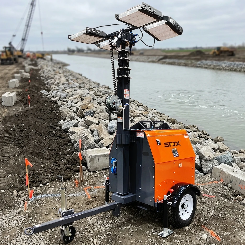 620kg Steel Dynamo Mobile Lighthouse 7m LED Light Tower Trailer With 1 Year Warranty Low Maintenance Cost
