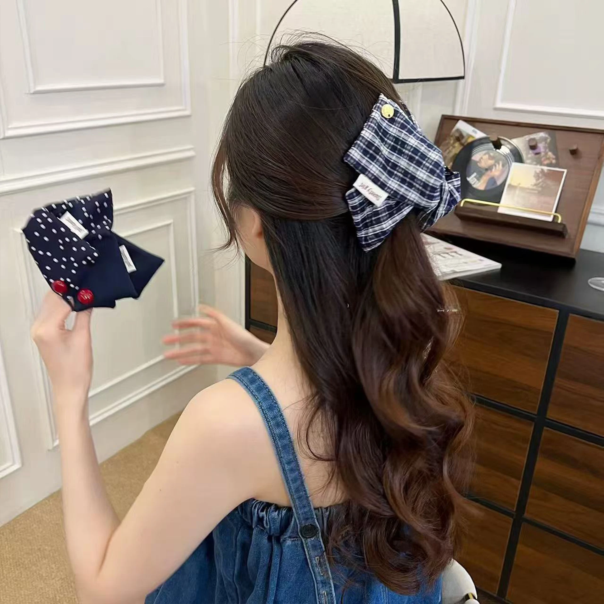 1pc Retro British college style denim button label hair clip blue and red plaid polka dot hair clip bun shark clip