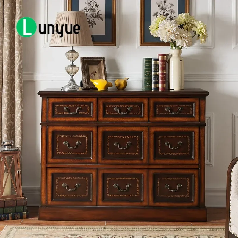 9 Drawer Chest Solid Wood Side Cabinet Modern Simple Storage for Bedroom Living Room American Rural Style Furniture Wholesale