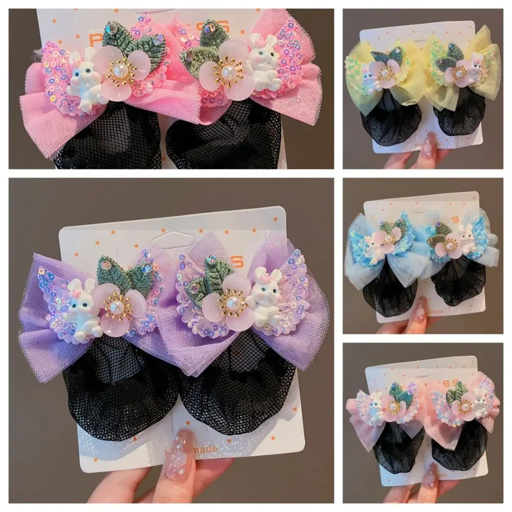 Lovely Princess Snood Spring Clip Rabbit Colorful Bow Hair Nets Invisible Mesh Sequin Hair Nets Birthday Party