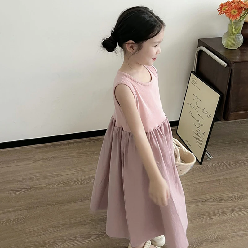 Summer Baby Girls Dress Solid Color Sleveeless Fluffy Dress Children Princess Dresses Short Sleeve Kids Girls Clothes 3-8 Years