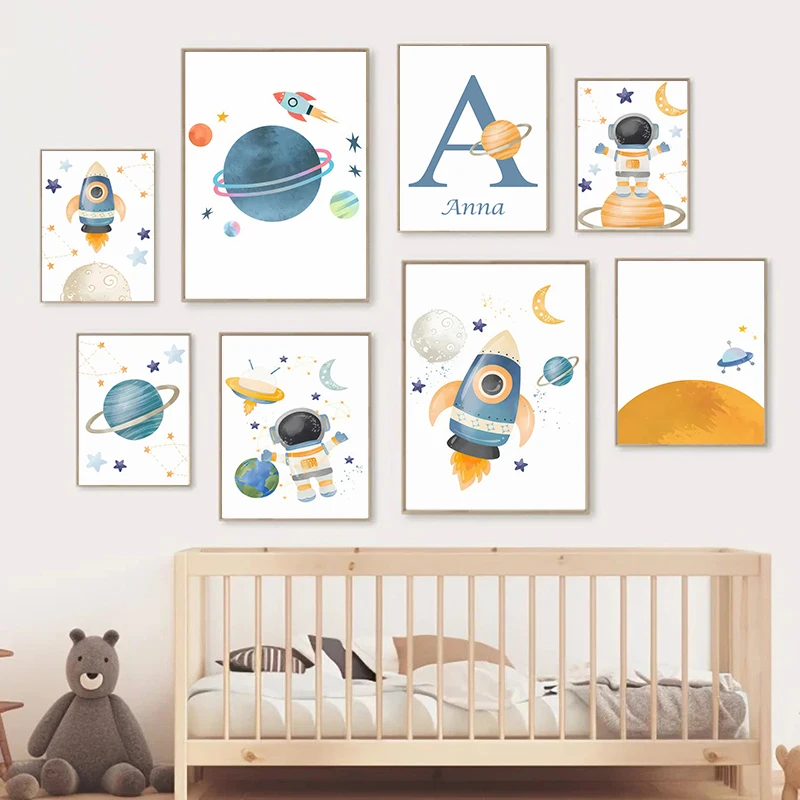 Rocket Astronaut Planet Outer Space Baby Name Custom Wall Art Canvas Painting Nordic Cartoon Prints Posters for Kids Room Decor