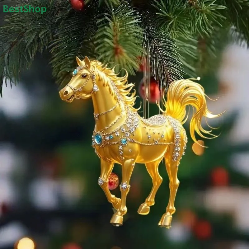 2D Acrylic Horse Car Rearview Mirror Pendant Charm Christmas Tree Backpack Hanging Ornament Party New Year Decoration Hanging