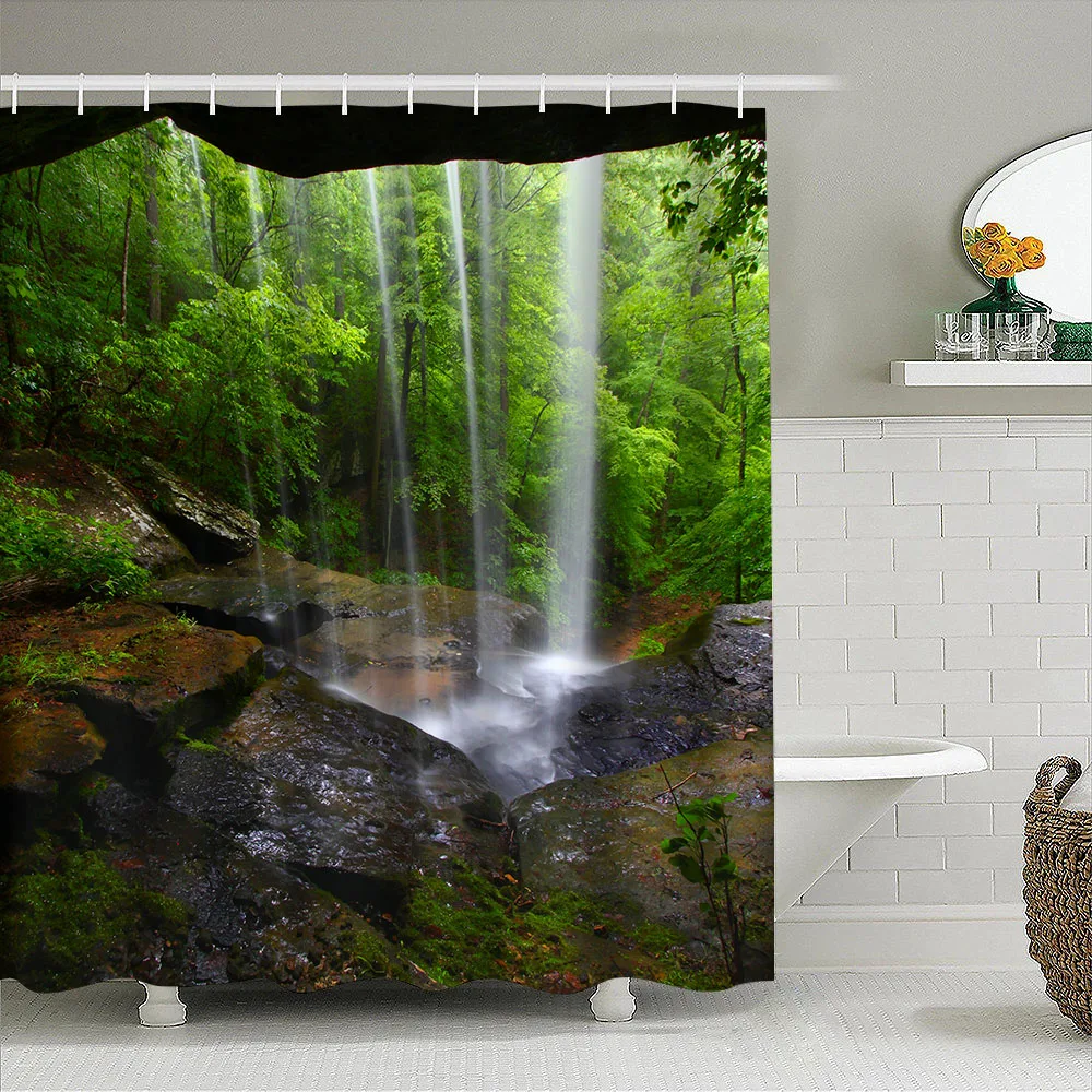 1pc Stream Shower Curtain Bathroom Partition Decorative Curtain Machine Washable Green Scenery Print Window Privacy Curtain