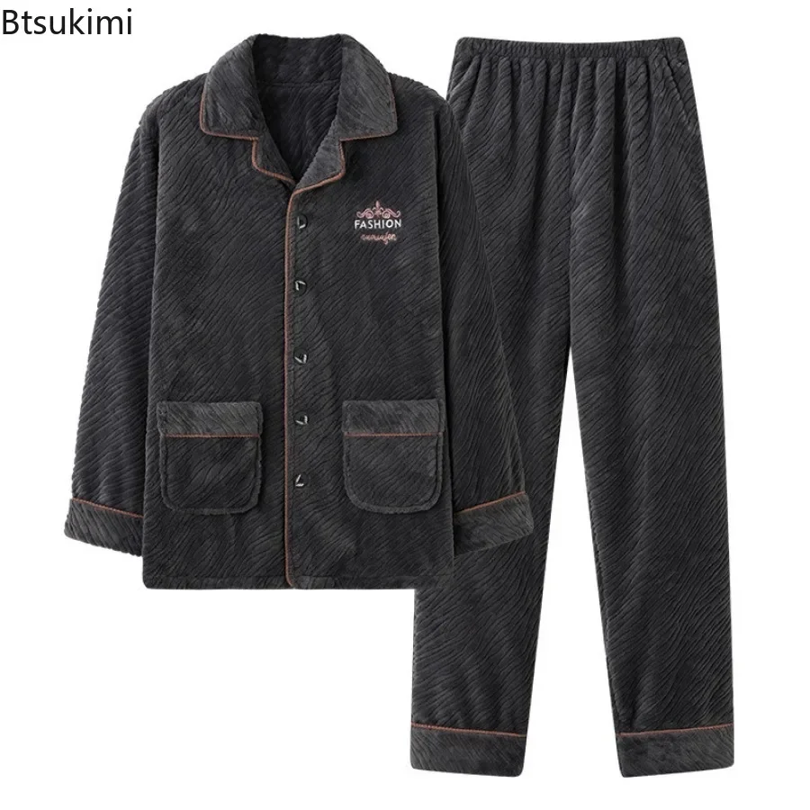 New 2025 Men\'s Winter Thickened Flannel Pajama Sets Man Coral Fleece Buttons Cardigan+Pants Sleepwear Suit Warm Homewear for Men