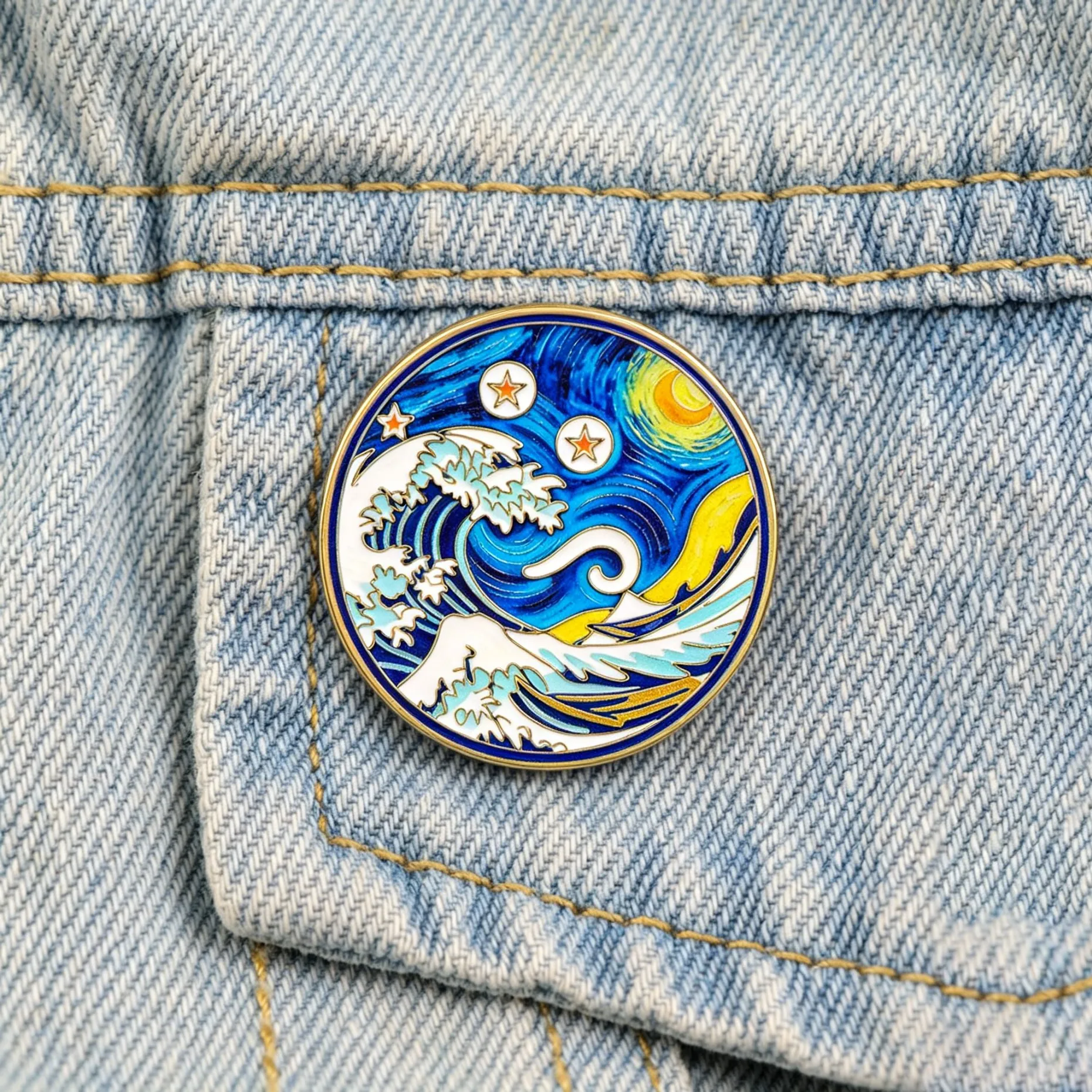 Sternennacht & Wellen Emaille-Anstecknadel Van Gogh Kunst Brosche Reversnadel für Rucksäcke Jacken Geschenk für Kunstliebhaber Kleidungsdekoration
