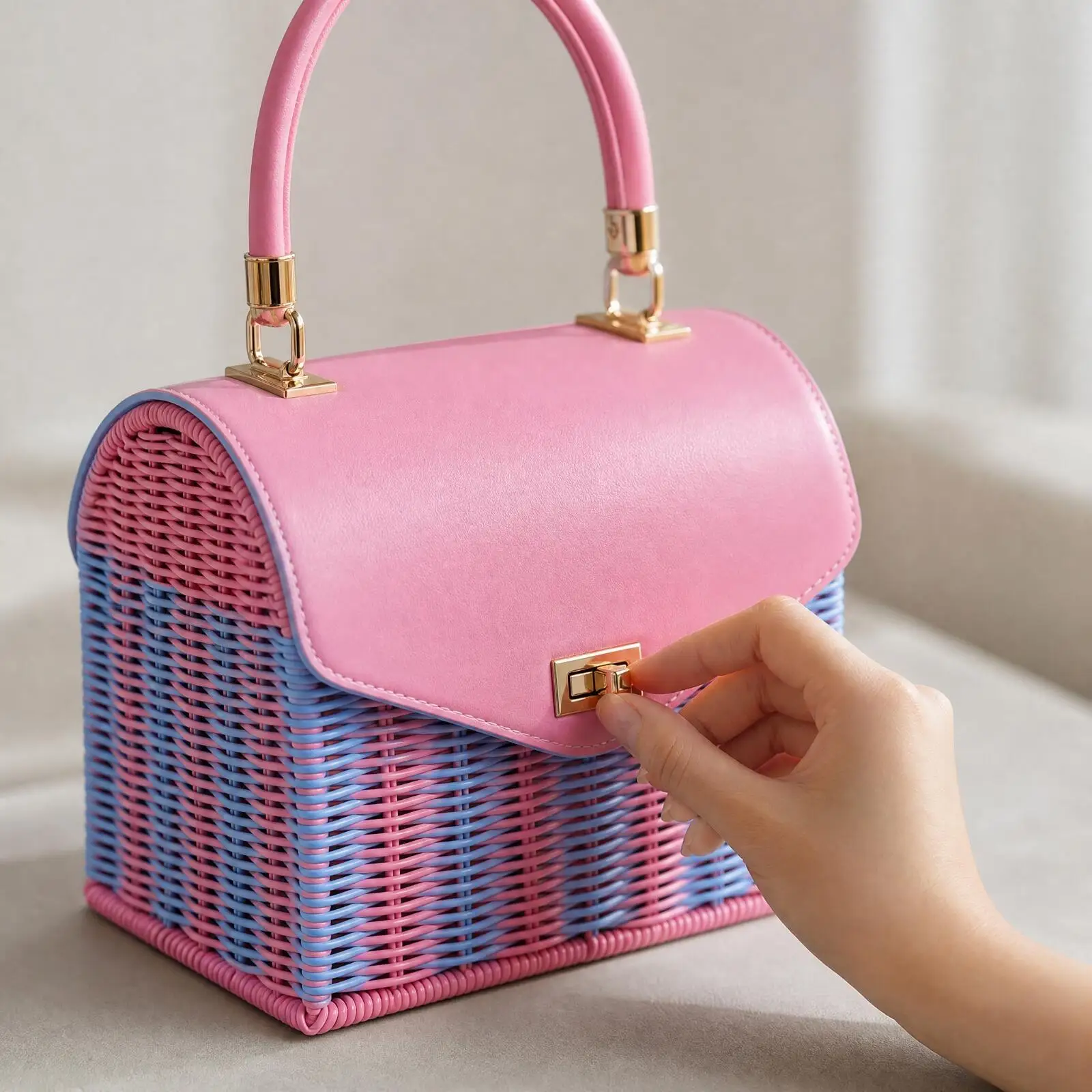 Handwoven Storage Basket PP Material Structured Top Handle Bag for Women Casual Daily Use