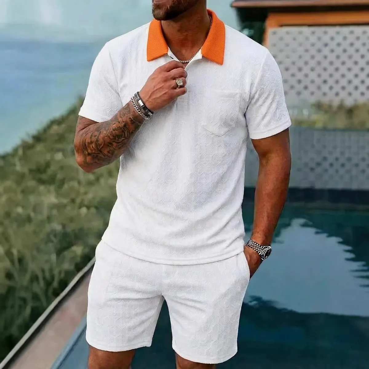Summer High-quality Men's Lapel Button Jacquard POLO Set, Fashionable Street daily Men's Casual Sports Set 2026 New