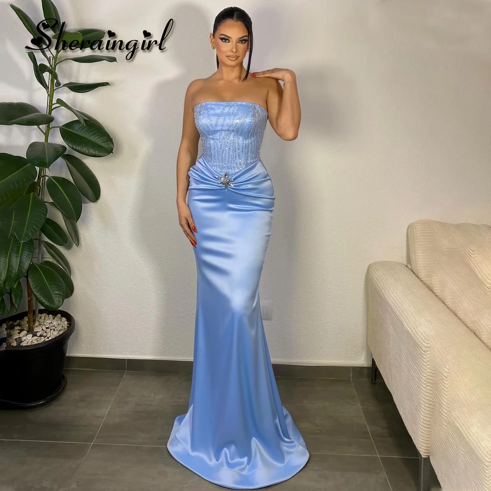 

SHERAIN Trendy Satin Evening Dresses for Women Strapless Sequined Pleat Chapel Train Vestidos Largos de Gala Noche Customized