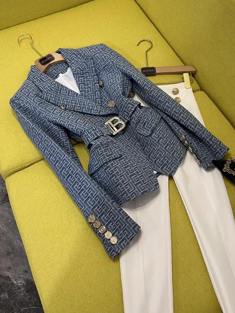 

Темно-синий костюм Jaet, женский топ с застежкой на талии, высококачественный европейский топ с поясом, облегающий крой для поездок на работу и ветер B697