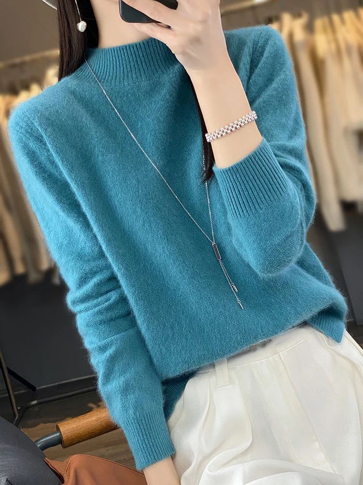 100% Mink Cashmere Sweater Women's Half High Collar Pullover Long Sleeve Cashmere Knitwear Fashion Autumn Winter Female Clothing