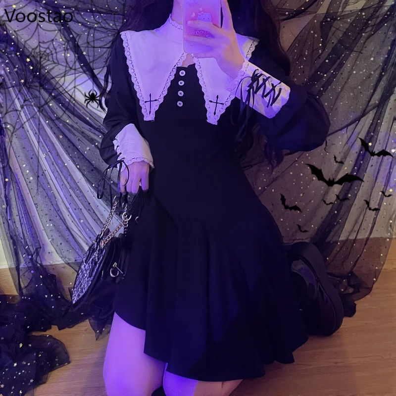 Gothic Lolita Y2k Kleid Frauen Kawaii Langarm Halloween E-mädchen Süße Party Kleider Casual Vintage Elegante Punk Mini kleid