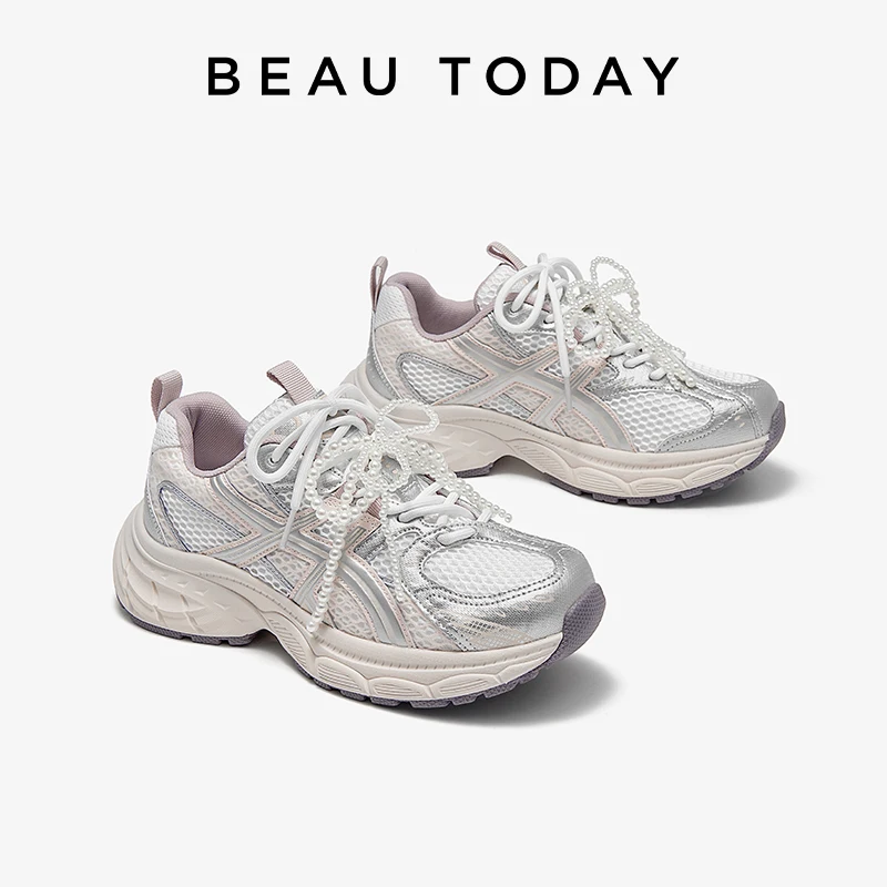 BEAUTODAY Chunky Sneakers Women Mesh Round Toe Mixed Colors Lace-up Outdoors Sport Ladies Shoes Handmade MS2C041