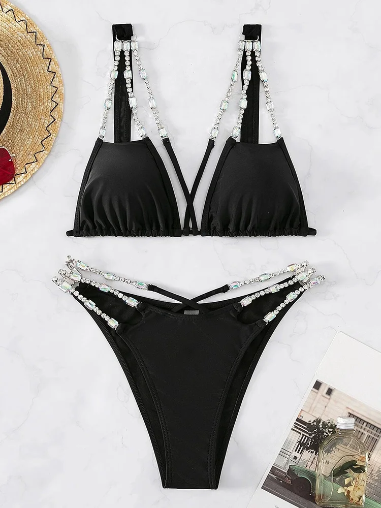 2024 Sexy Shiny Crystal Diamond Bikini costume da bagno donna costumi da bagno donna due pezzi Bikini set catene bagnante costume da bagno Swim Lady