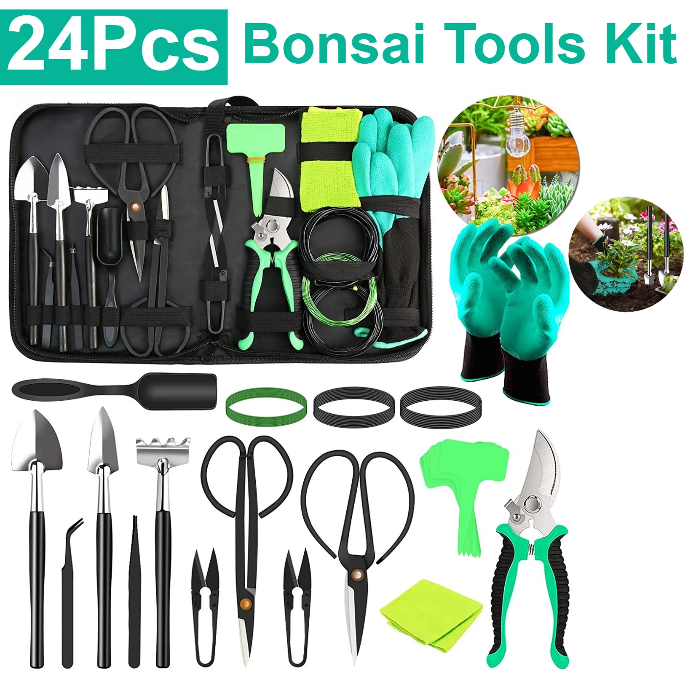 

24PCS Bonsai Tools Kit for Beginners Trimming Care Kit Include Pruning Shears Scissors Storage Bag Ideal Gift for Women & Men