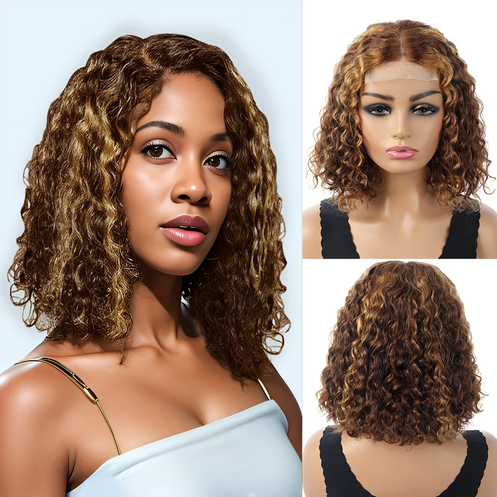 

4x4 Lace Front Bob Wigs 4/27 Honey Blonde Water Wave Short Bob Wig Bob Wig Human Hair Bob Lace Front Wigs Human Hair