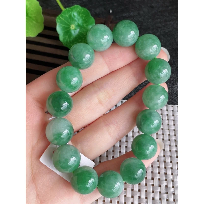 Myanmar Natural a Bracelet Bead Ice-like Full Green round Beads Jade 15 Pieces 74.00G