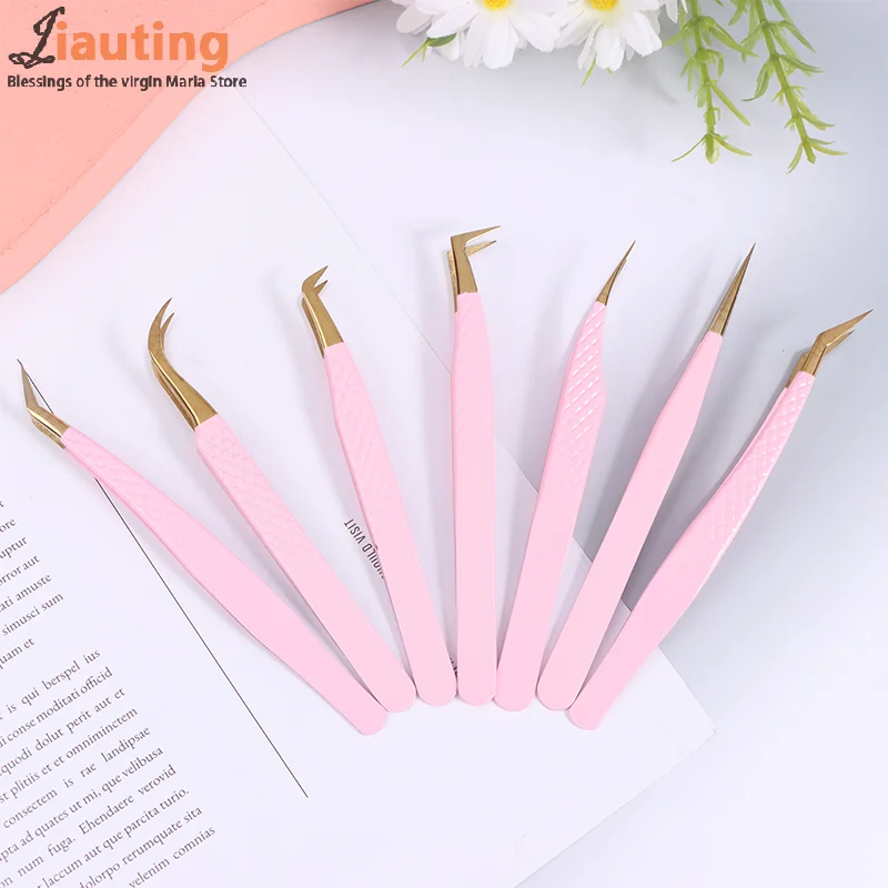 1pcs Eyelash Tweezers Extension Pink Stainless Steel Superhard Tweezers With Fiber Tips High Precision Anti-Static Tweezers