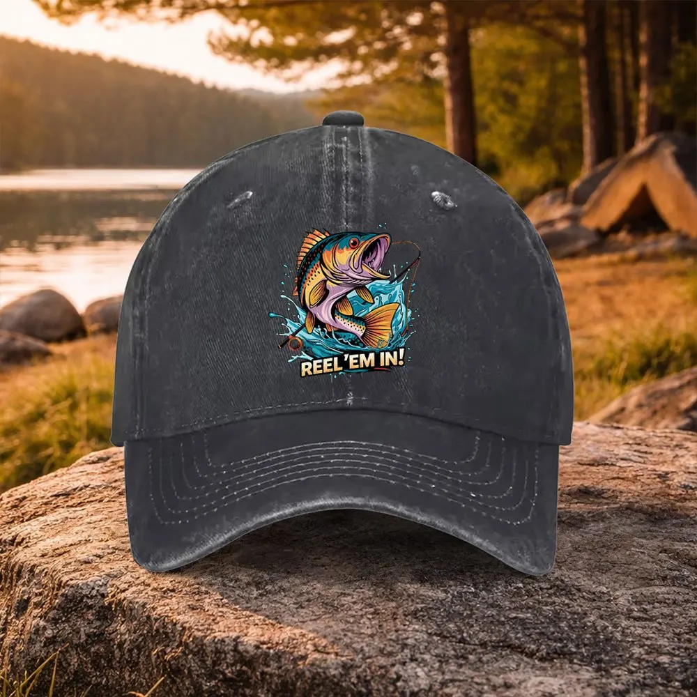 

Casual All-Match REEL 'EM IN Fishing Print Washed Baseball Cap, Suitable for Golf, Casual Wear And Outdoor Activities, Unisex Go