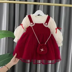 Girls Basic Simple Fashion Bubble Sleeve Cute Bow Suspenders Skirt Two Sets To Send Diagonal Bag