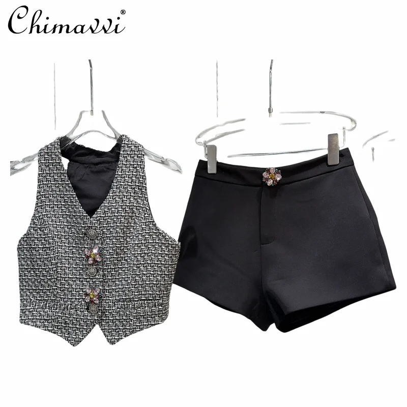 2024 Summer Clothes New Fashion Color Gem Buckle Tweed Waistcoat Vest Tops Shorts Temperament Ladies Two-Piece Set Outfits