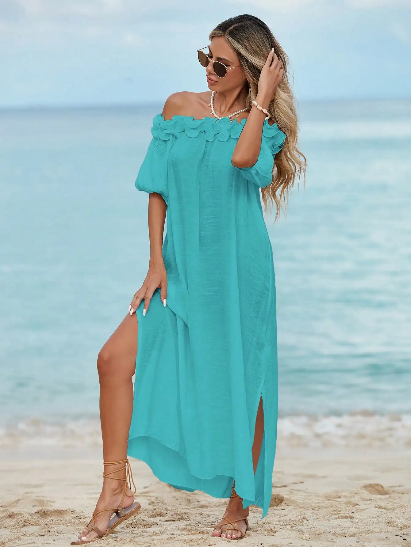 

Turquoise Off-Shoulder Flowy Midi Dress With Ruffled Trim, Puffed Sleeves, And Side Slit For Beach Vacation
