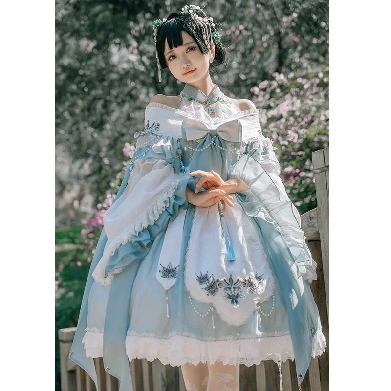 Original Chinese Style Bow Embroidery Lace Trimmed Puff Sleeves Lolita Dress Women Sweet Improved Cheongsam Hanfu Dresses