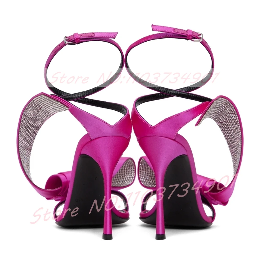 Yellow Crystal Ribbon Wrap Sandals Women Sweet Bowknot Open Toe Thin High Heels Sandals Classy Cross Strap Satin Big Size Shoes
