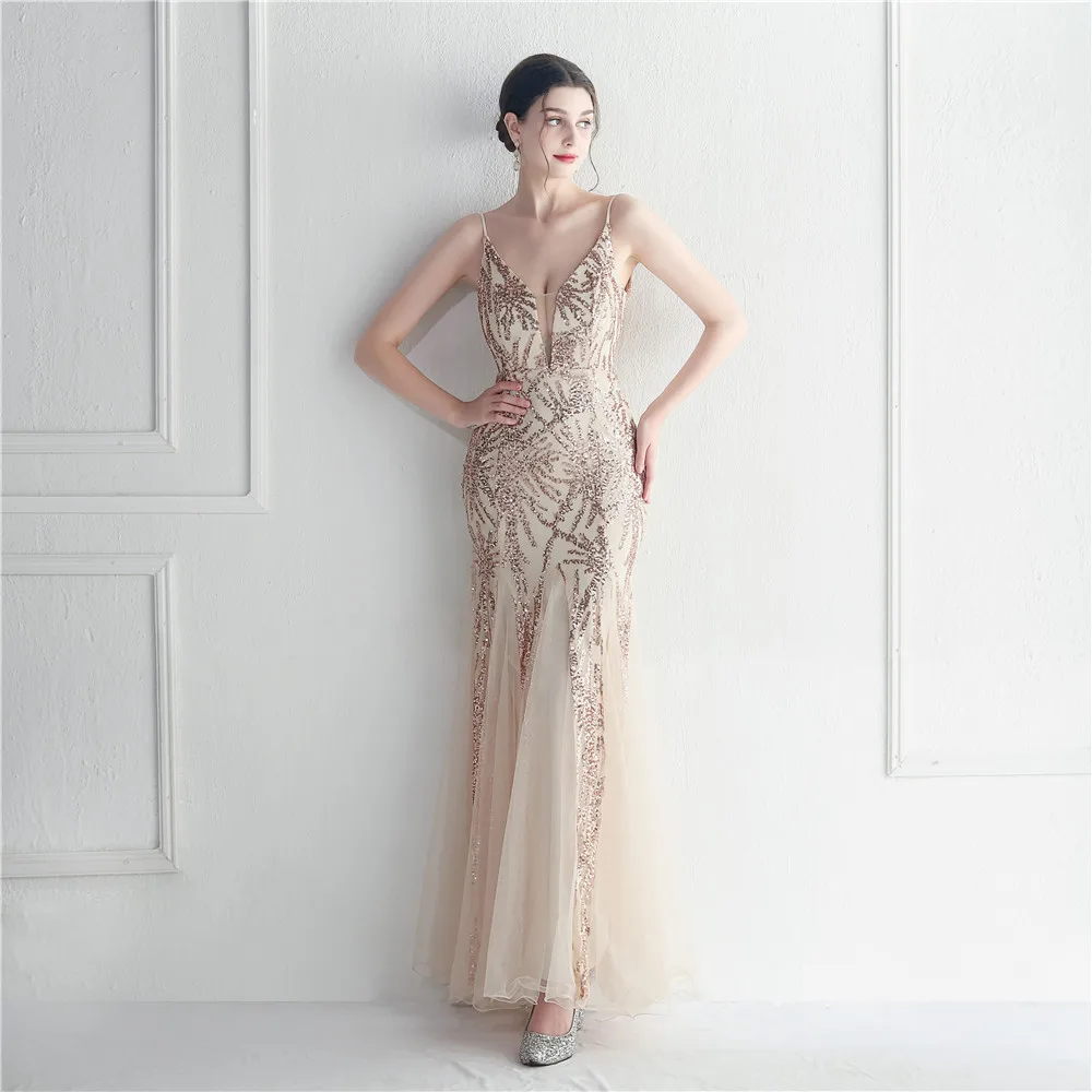 Evening Dress Champagne Sequins Stretchy Spaghetti Straps Beads Zipper Back Mermaid Trumpet Floor Length Women Party Formal Gown