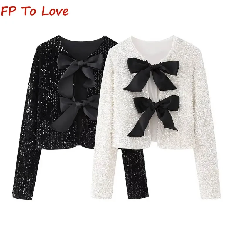 

Autumn Winter Black Round Neck Long Sleeve Top PB&ZA Woman White Sexy Bow Tie Sequin Jacket 1213983