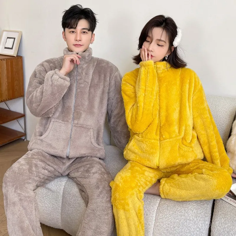 

Winter new flannel couple pajamas, women's long sleeved warm and thickened set, solid color coral velvet home clothing set