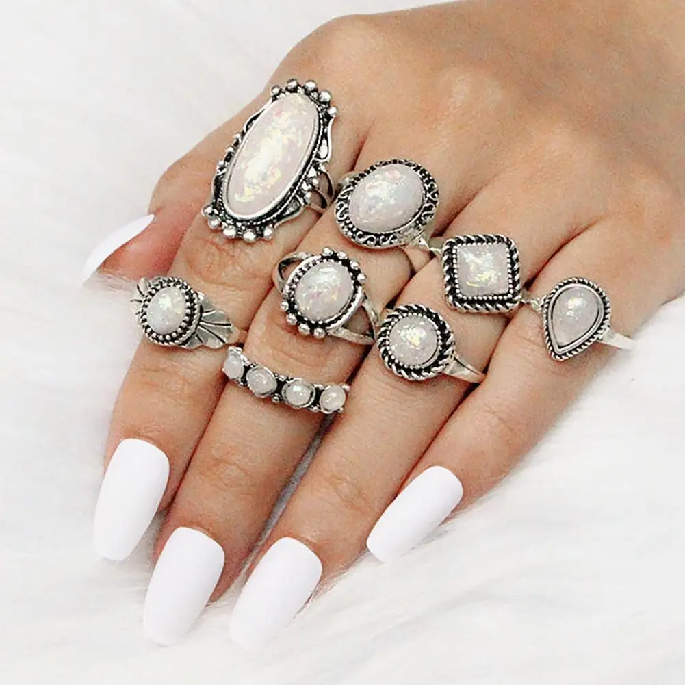 Lightweight 8Pcs/Set Chic Ethnic Style Faux Gem Finger Rings Alloy Midi Rings Oval   for Outdoor