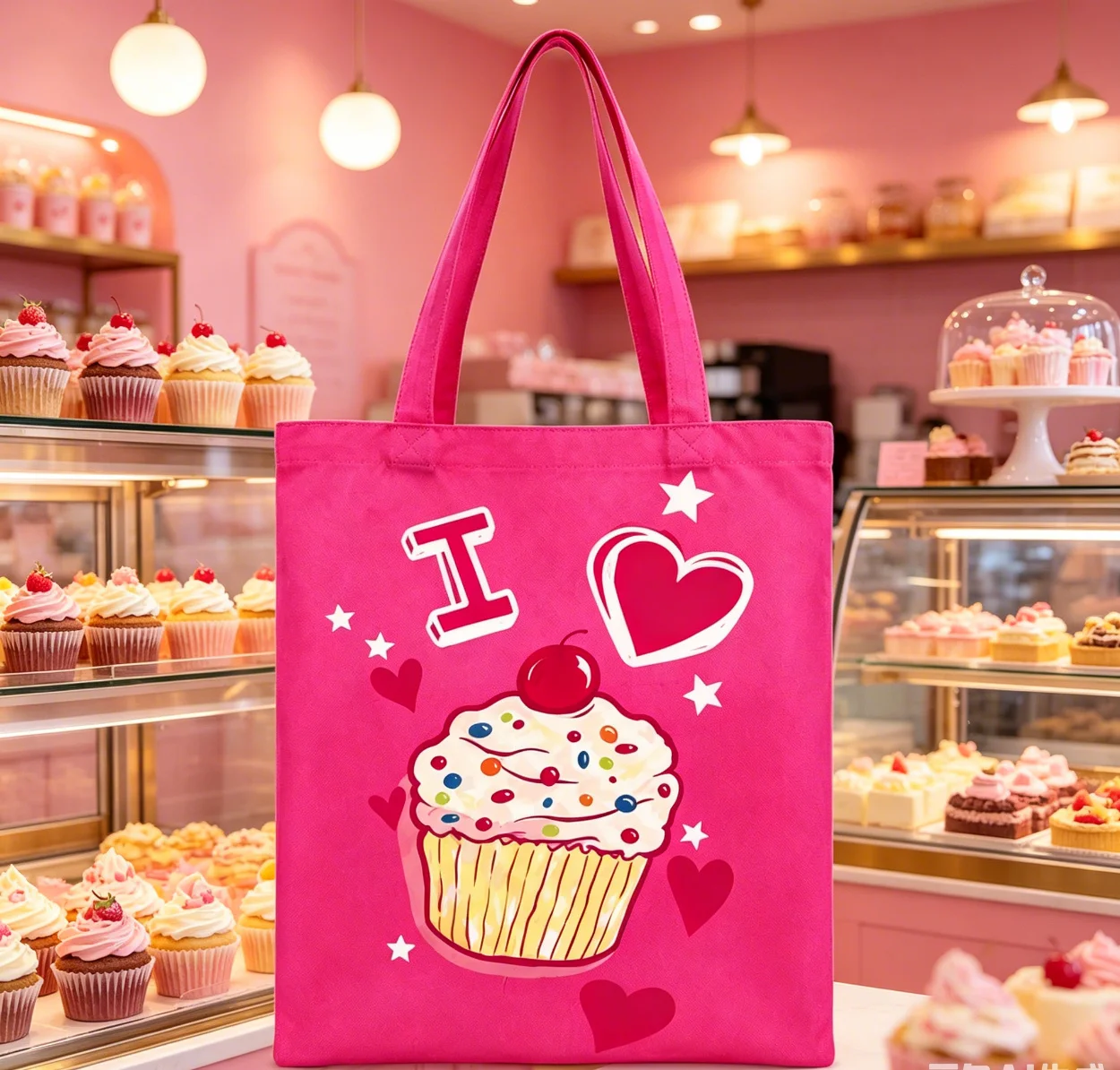 Cupcake I Love You Print Canvas Tote Bag Women Men Shopping Shoulder Handbag Cute Star Heart Casual