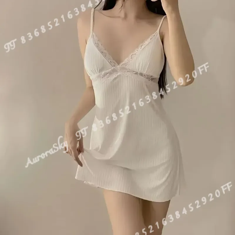 Women Ribbed Knit Cami Dress Lace Trim V Neck Spaghetti Strap Mini Slip Nightgown Loungewear Casual Y2K Summer Sleep Dress