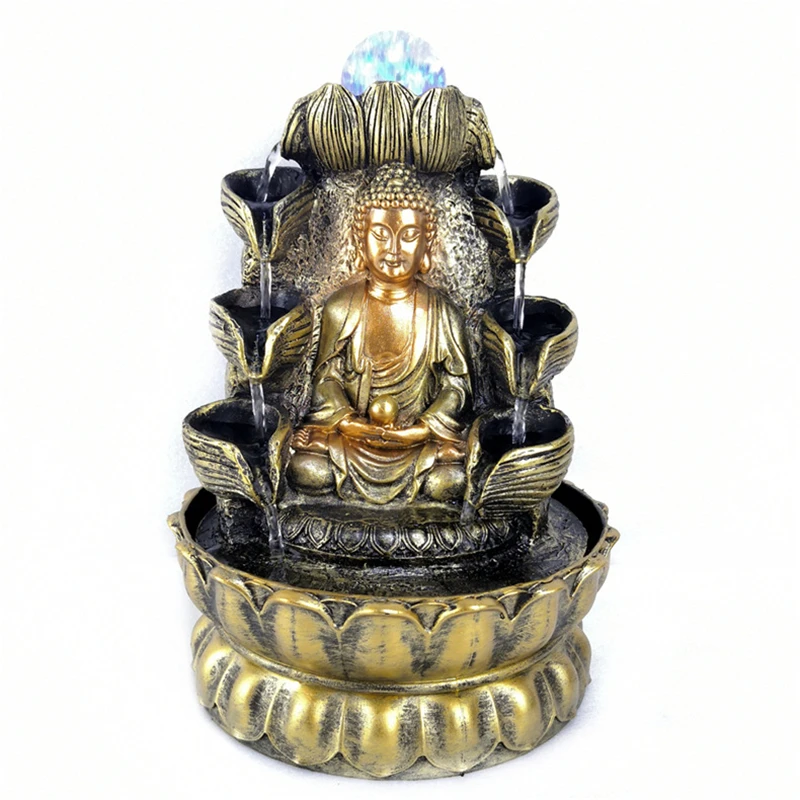 Zen Water Sound Desktop Waterfall Fountain Lucky Feng Shui Ball Fountains Gold Buddha Statue Peaceful Home Decoration